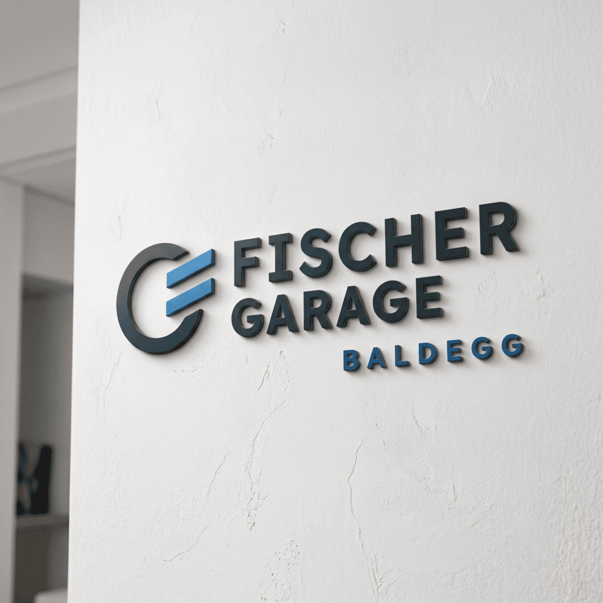 3d-logo der fischer garage baldegg an einer weissen wand