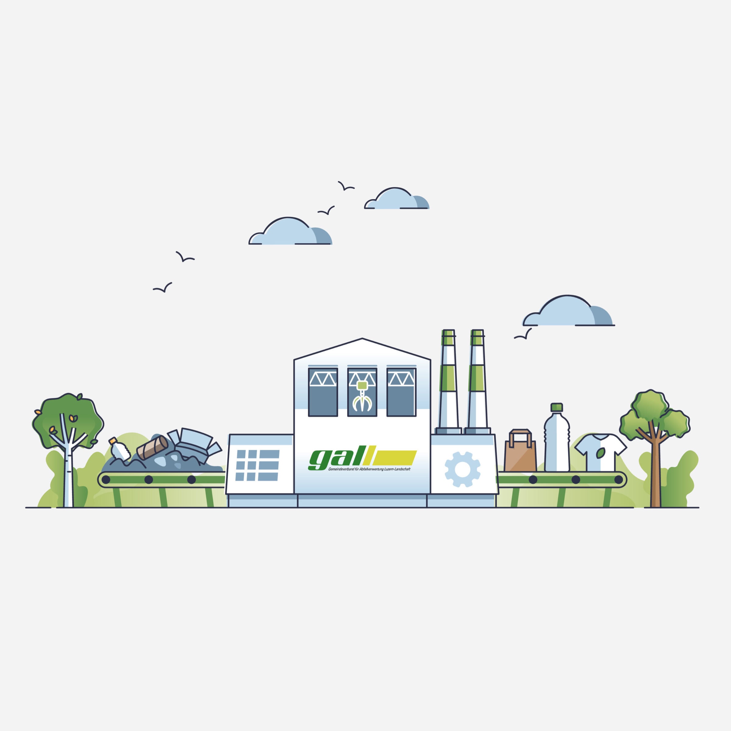 illustration einer kehrichtverbrennungsanlage mit gall-logo, bäumen und wolken