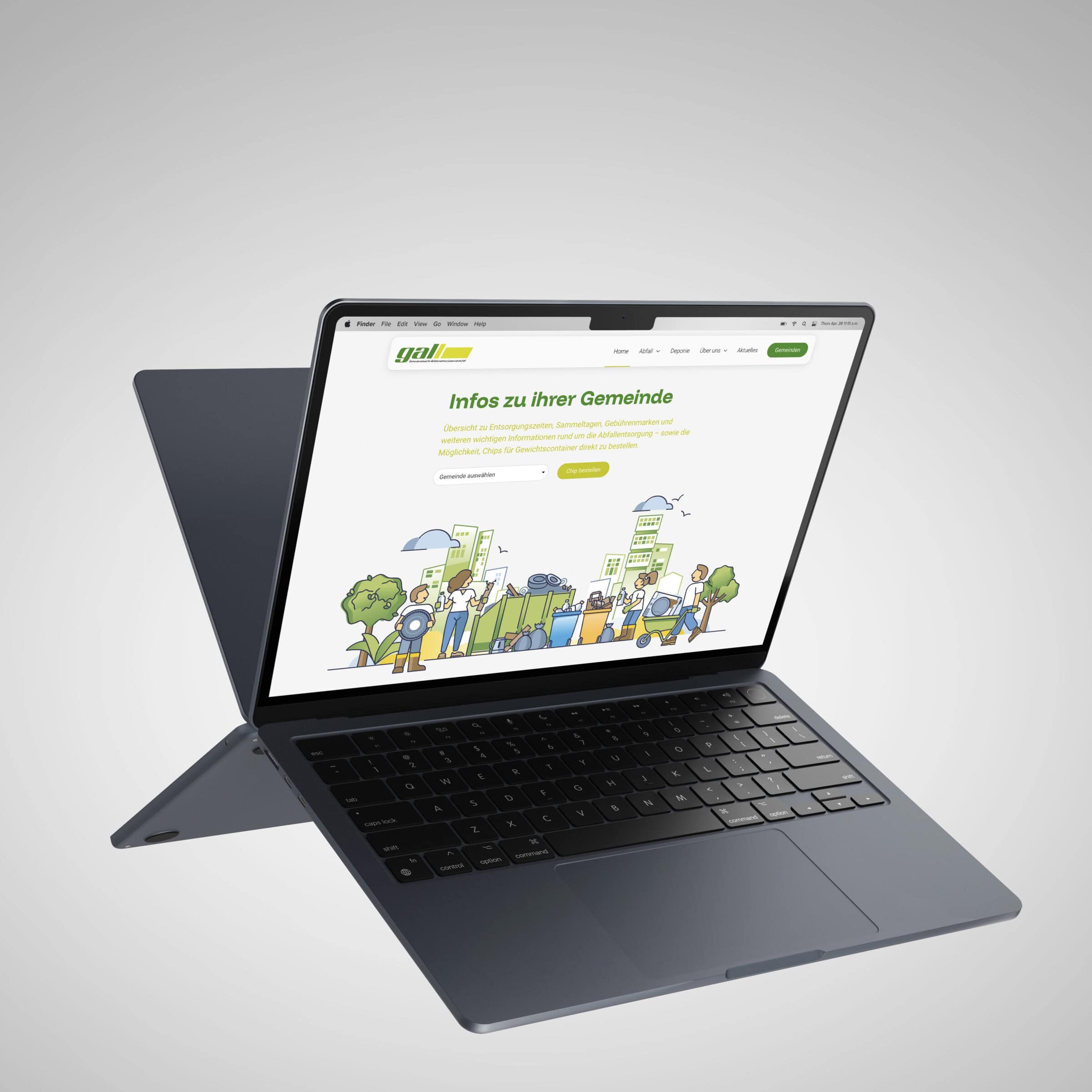 laptop mit der website des gemeindeverbands gall und illustrationen zur abfallentsorgung